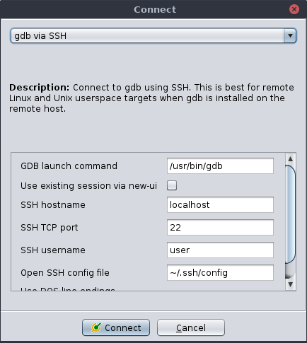 Connect dialog for gdb via SSH