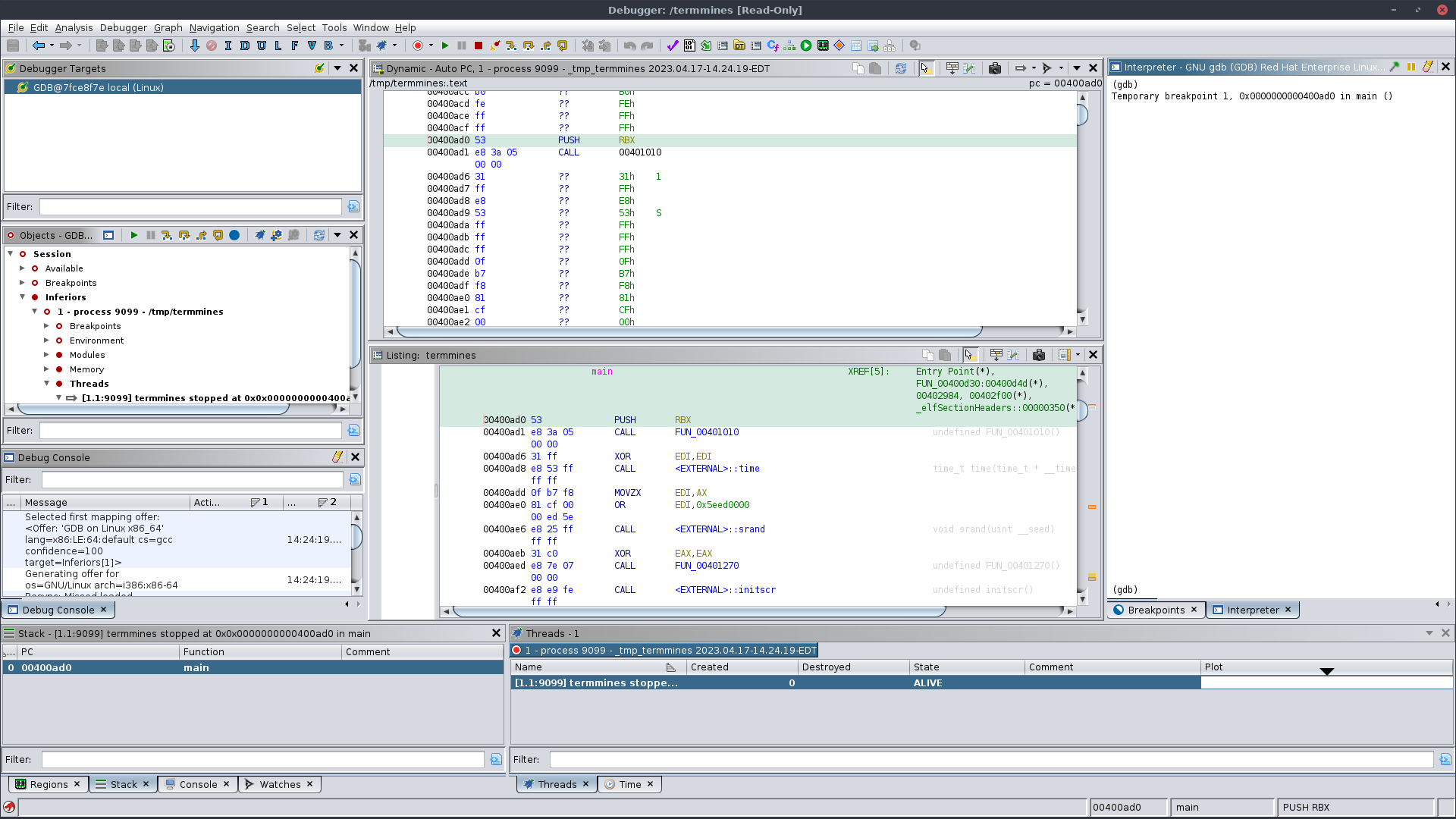 Debugger tool after launching termmines