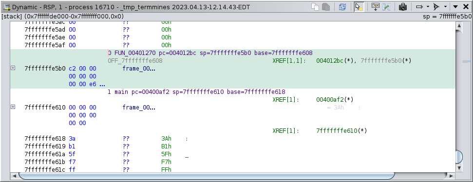 The dynamic listing of the stack after a call to rand