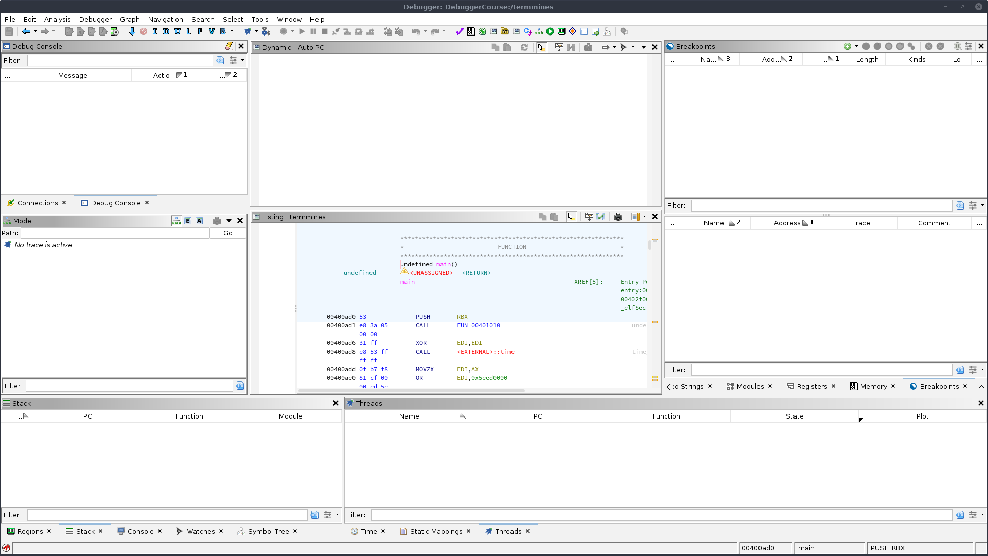 Debugger tool with termmines open
