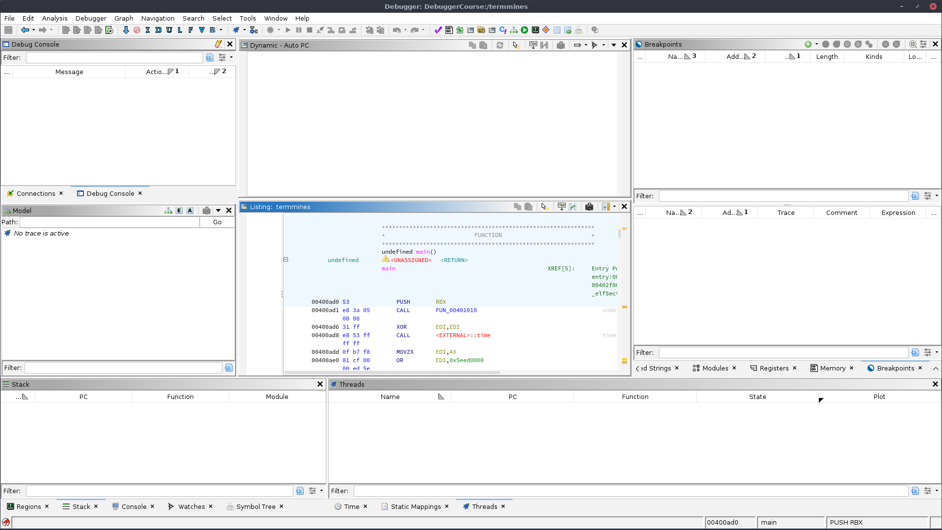 Debugger tool with termmines open