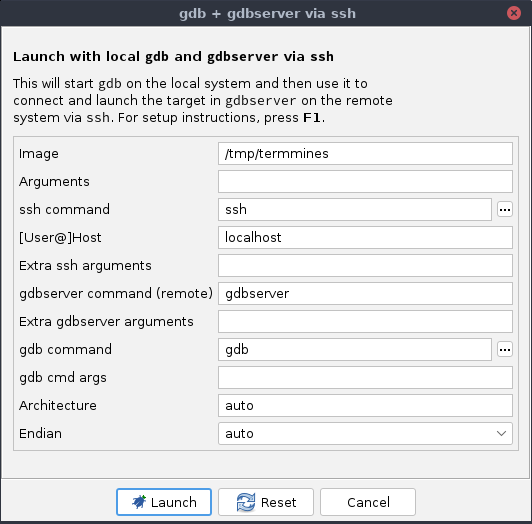 Connect dialog for gdb + gdbserver via ssh