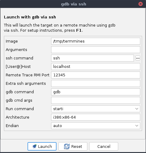 Connect dialog for gdb via SSH