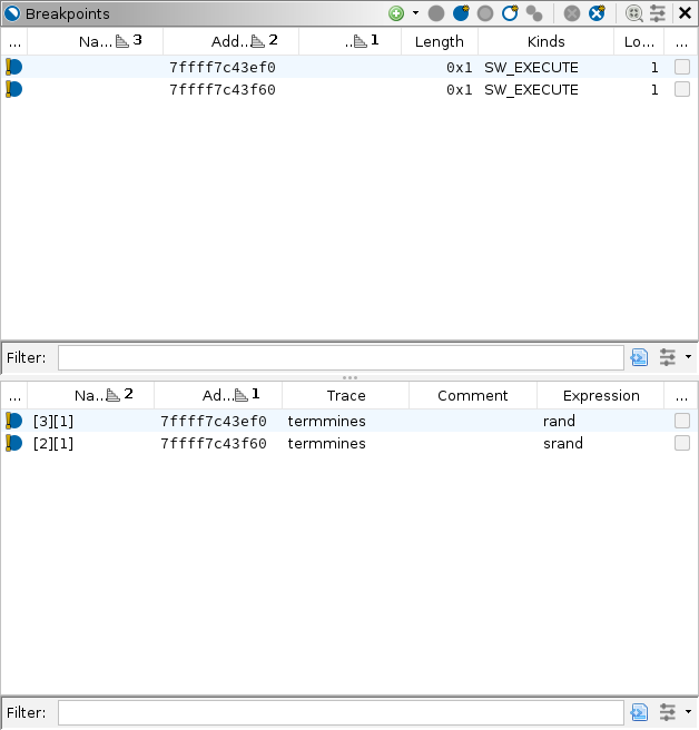 Populated breakpoints window